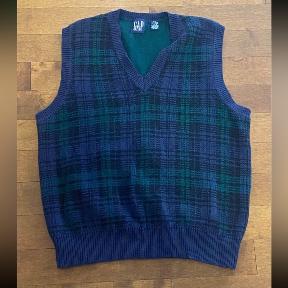Vintage GAP Sweater Men Medium Green Blue Blackwatch Sleeveless Vest